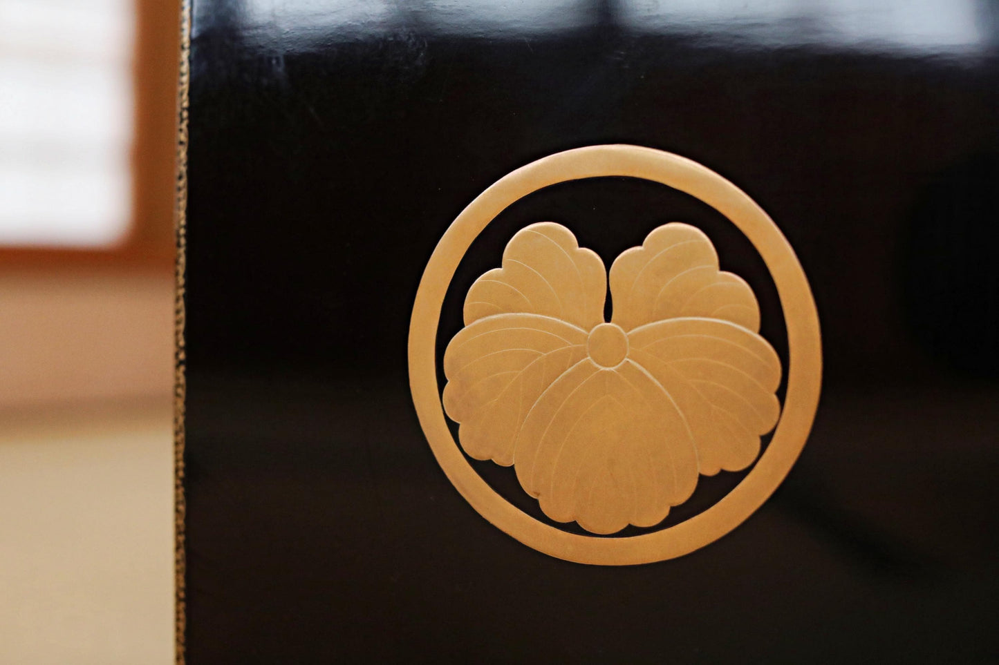 Tansu Chest: Black Lacquer Japanese Temple Chest With Gold Makie Family Crest & Glossy Finish