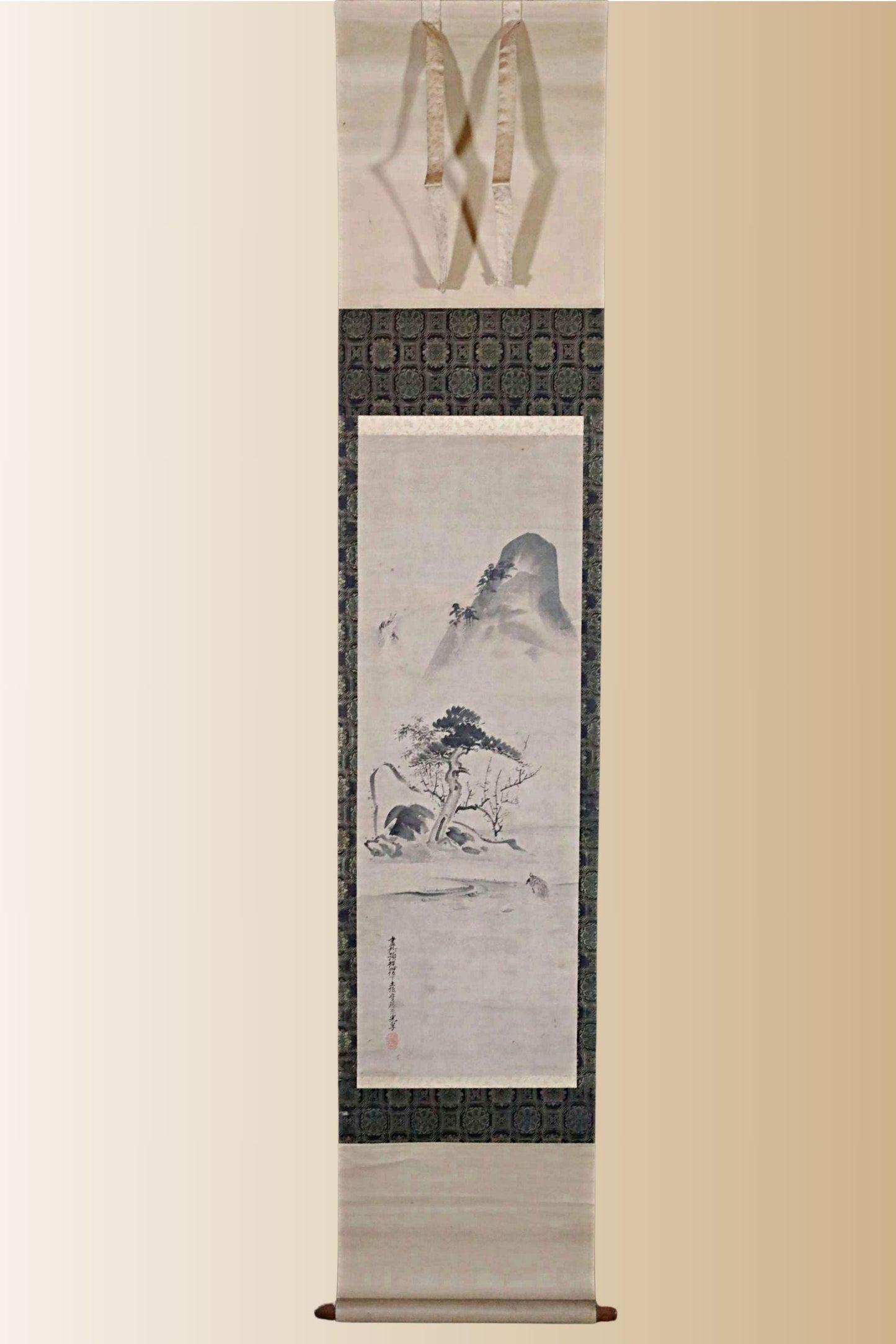 Japanese Antique Scroll - Edo Period Art Kakejiku with Crane and Turtle Ink Wash Painting