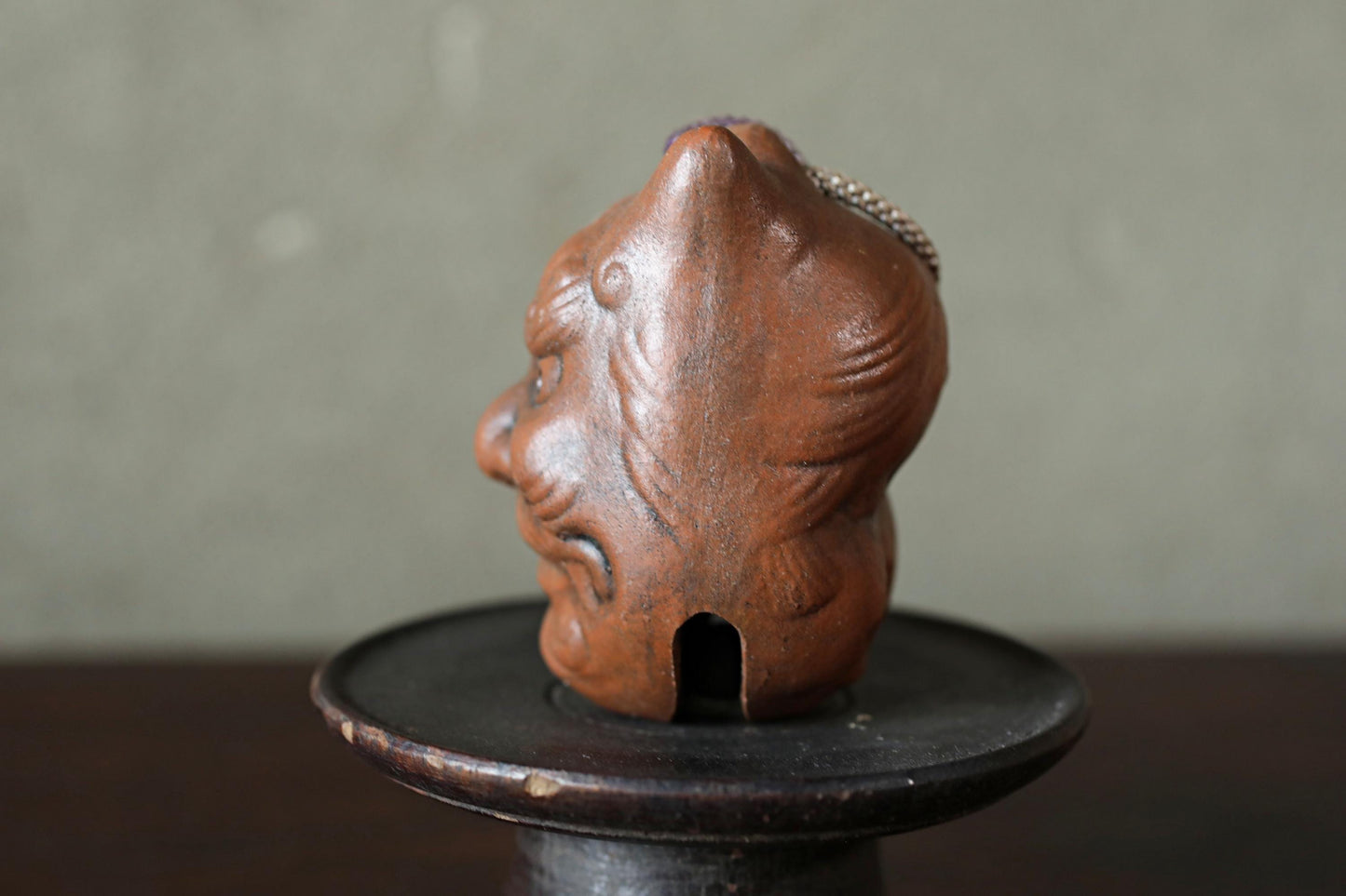 Japanese Pottery Bell - Vintage Oni Demon & Okame Mask Doll Ornament