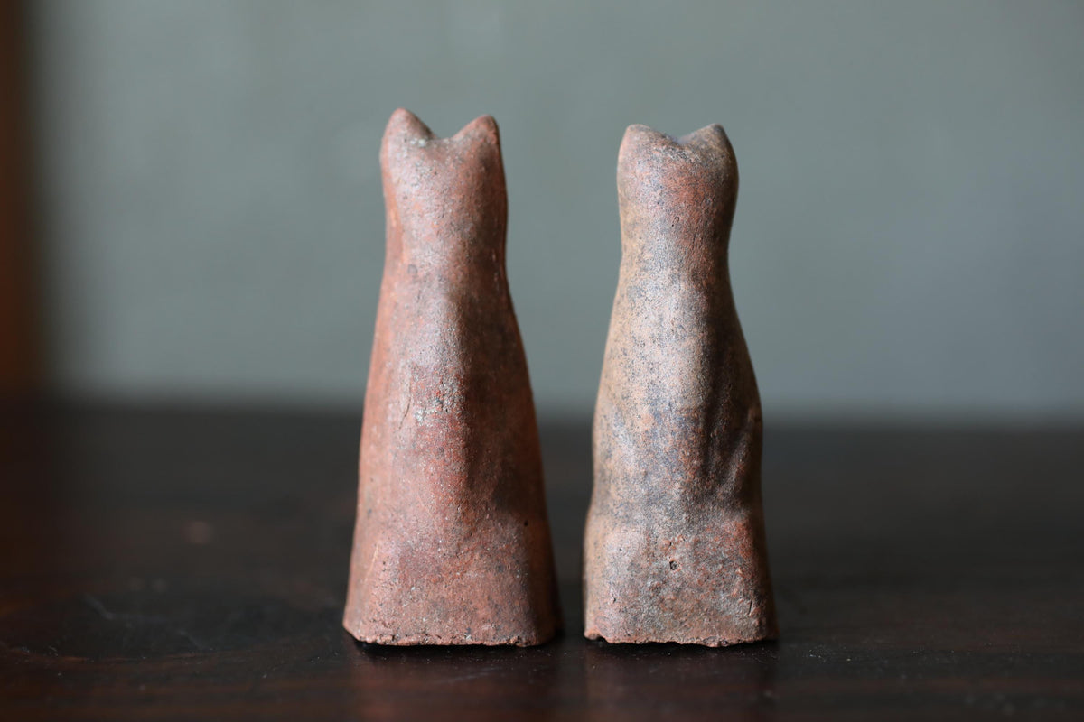 Japanese Antiques KITSUNE Dolls, Imado-yaki Pottery Pair (H3.7in)