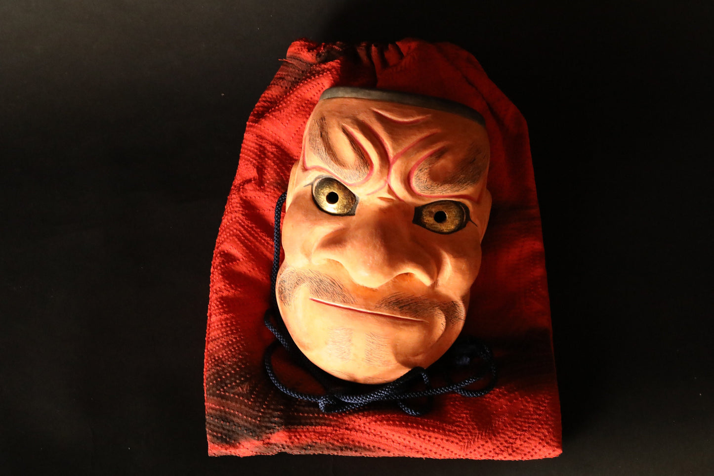 Japanese Noh Mask - Vintage Demon Wood Carving with Silk Pouch & Gold Eyes