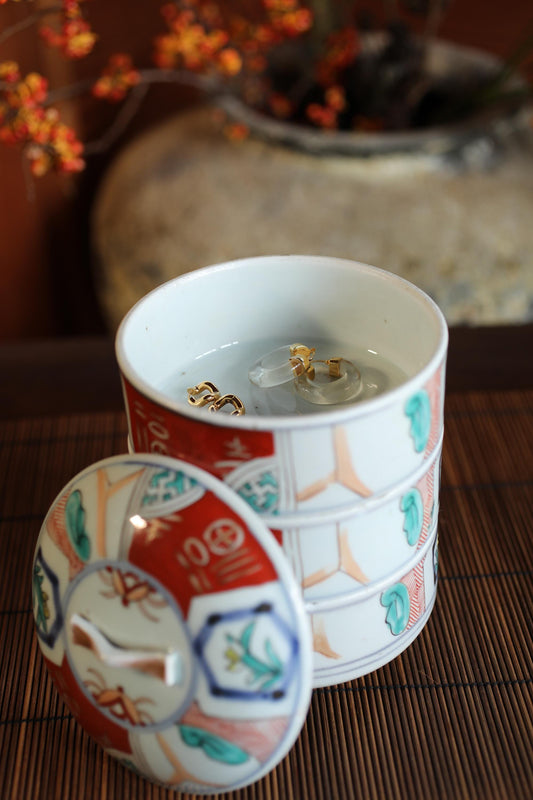 Jubako- Antique Porcelain Box, Seaweed Pattern, Stacking Ceramic Container
