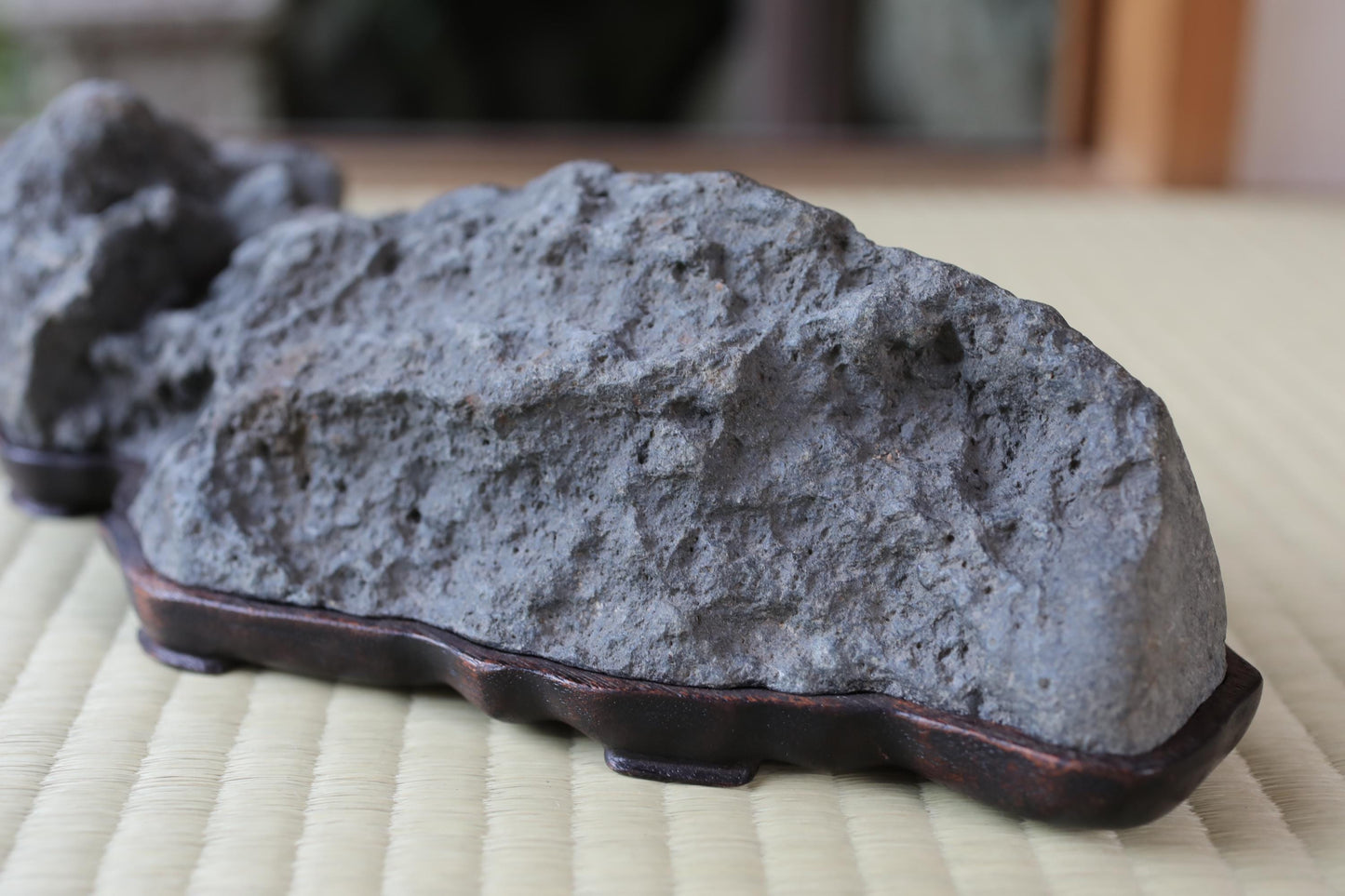 A close-up image of a large, gray rock with a rough, textured surface, resting on a wooden stand or base.