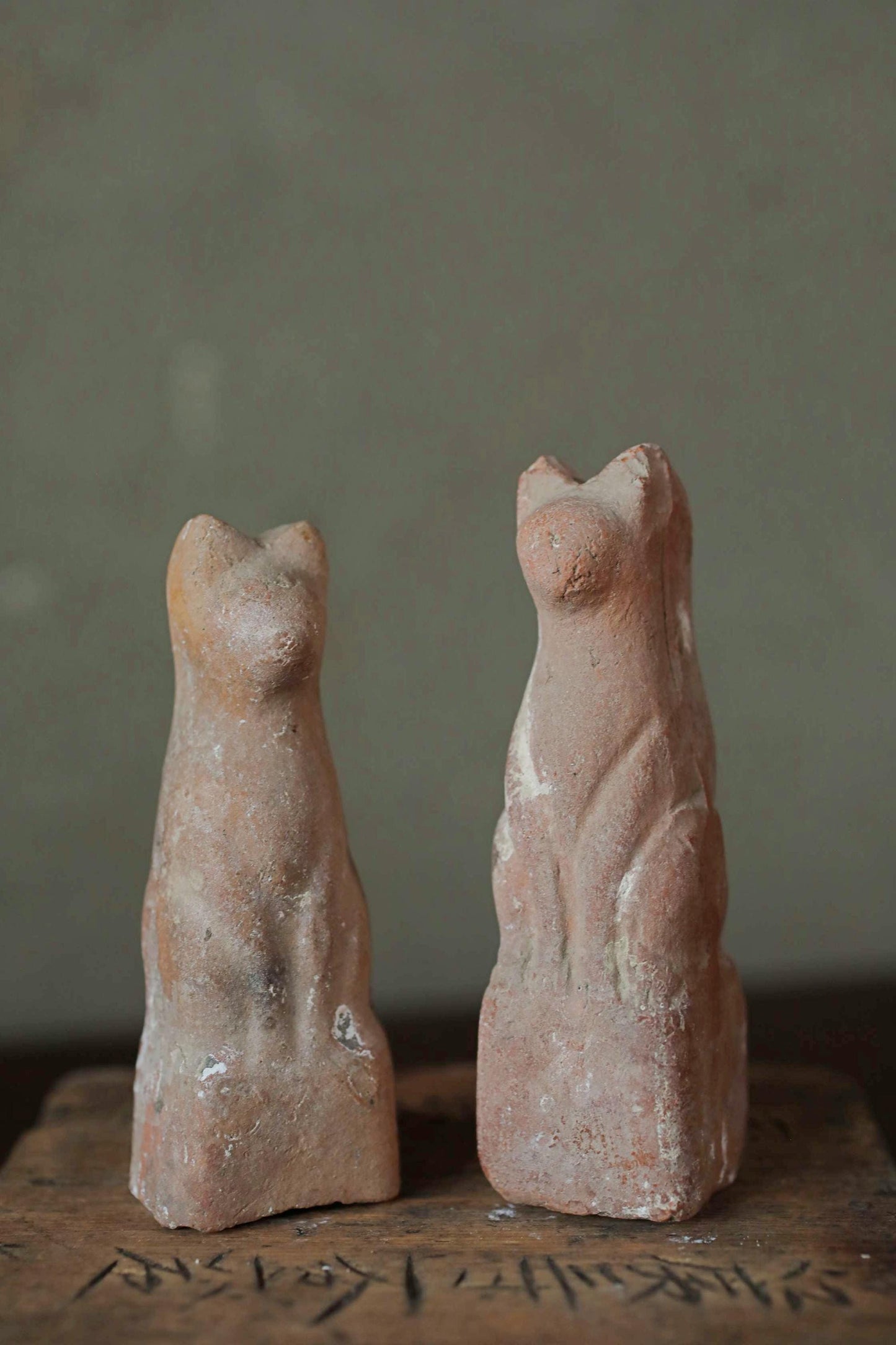 Antique Kitsune Dolls - Imado-yaki Pottery Pair | Japanese Guardian Foxes, Rustic Edo Period Collectibles