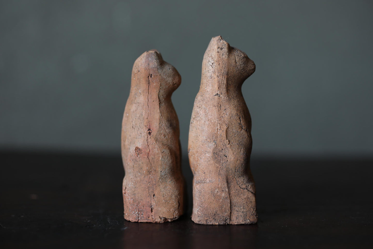 Japanese Antiques KITSUNE Dolls, Imado-yaki Pottery Pair (H3.7in)