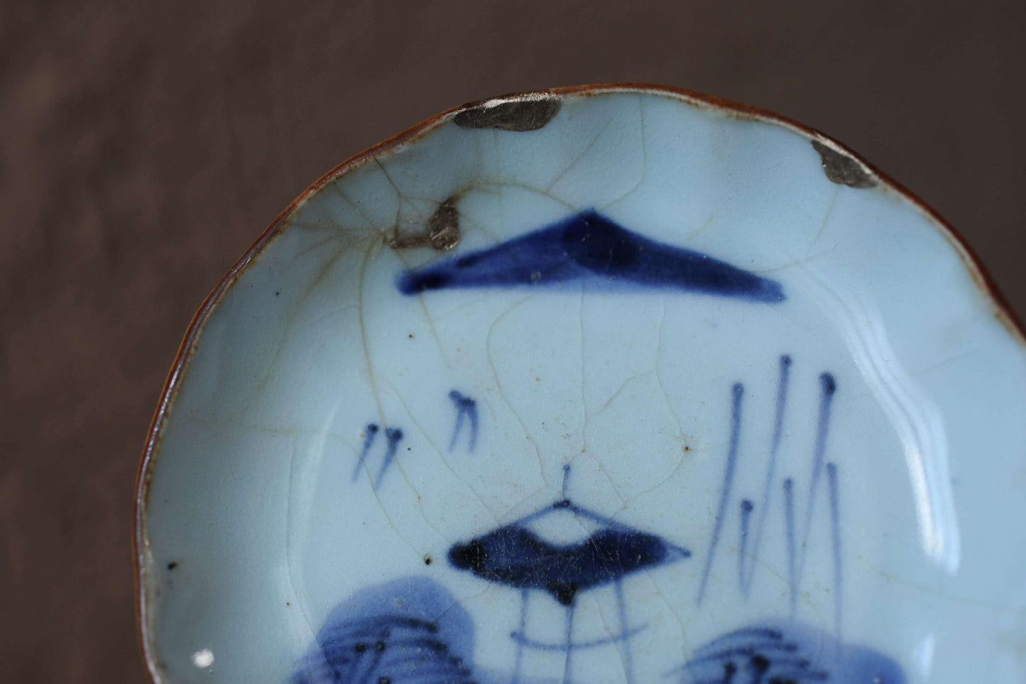 Japanese Antique Plate - Blue White Porcelain Dish | Kintsugi Repair Small Ceramic Plate