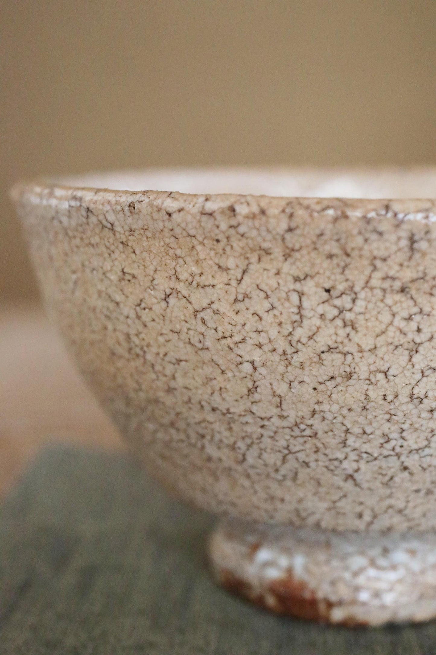 A close-up image of a ceramic bowl with a speckled, speckled texture, resting on a green cloth.