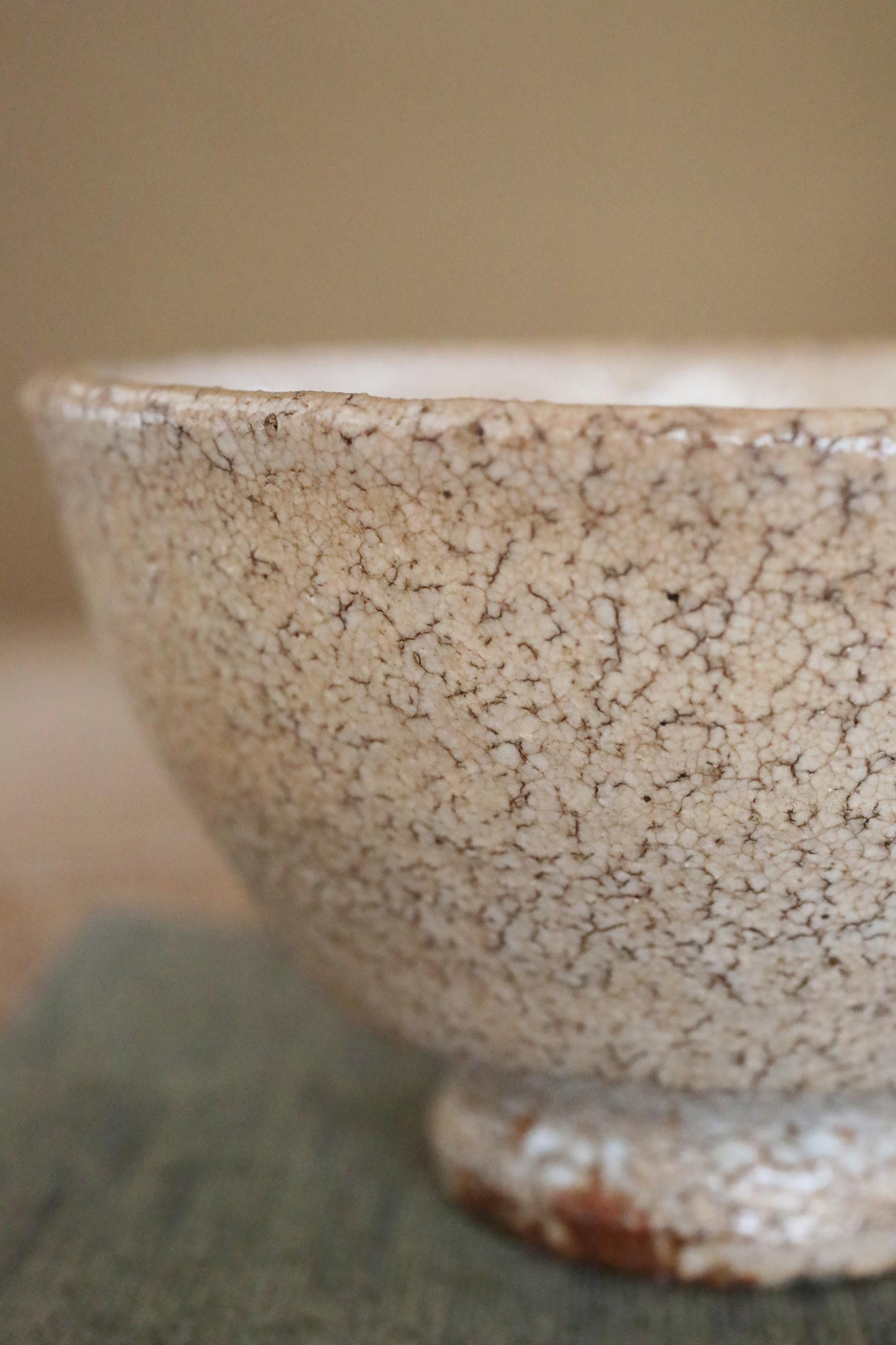 A close-up image of a ceramic bowl with a speckled, speckled texture, resting on a green cloth.