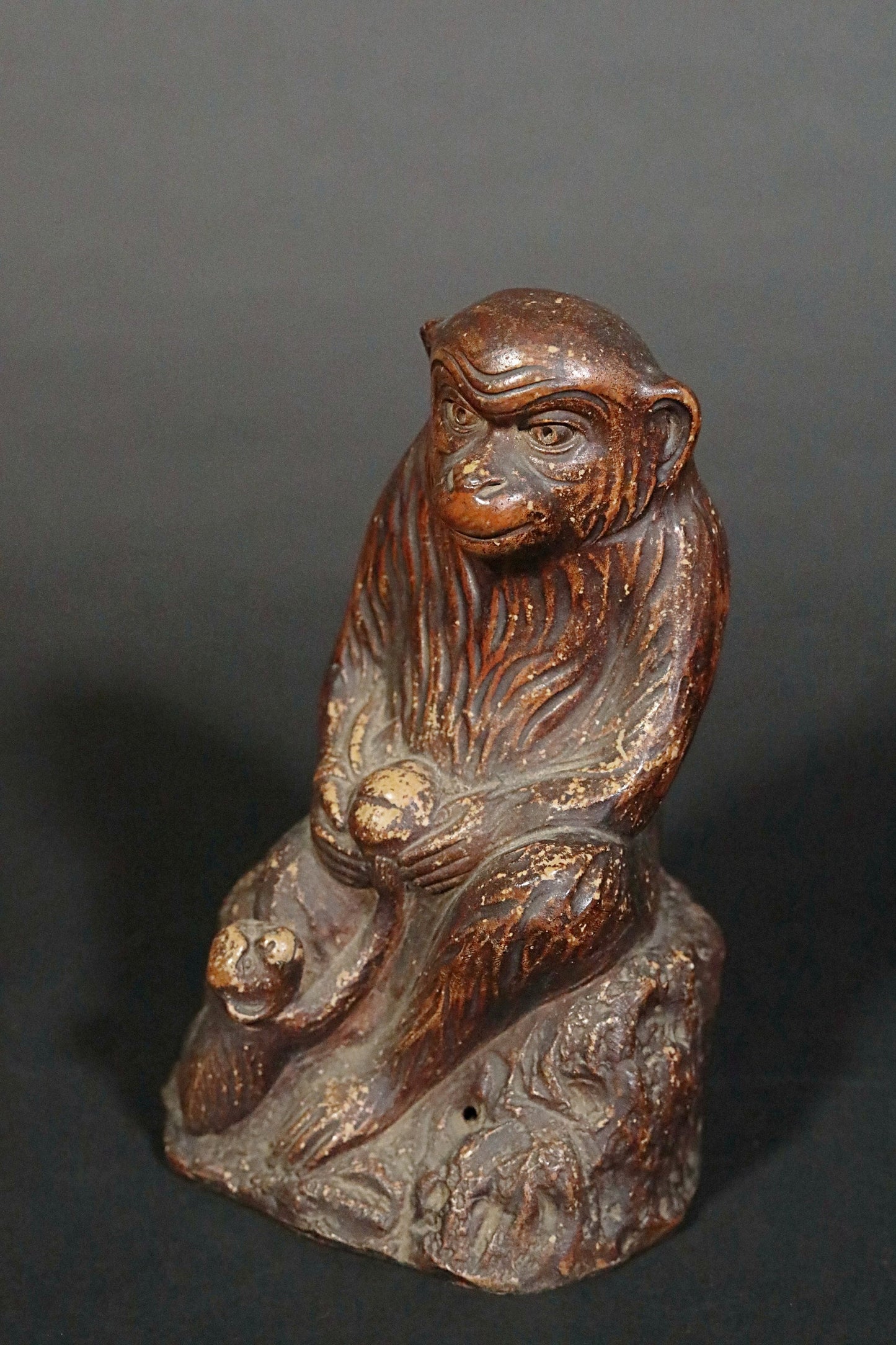 Bizen Ware Monkey Figurine - Signed Ceramic Statue With Longevity Peach, 1930s Vintage
