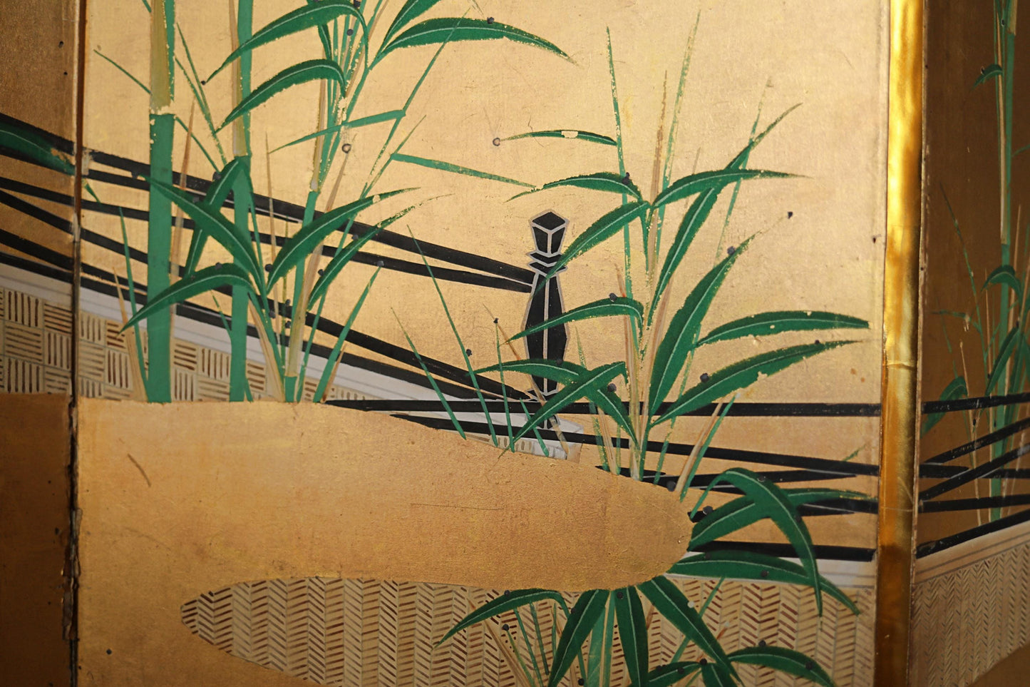 Japanese Gold Leaf Screen - Antique Edo Period Folding Byobu With Bamboo Painting