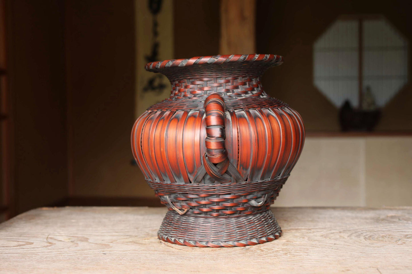 Japanese Bamboo Basket - Large Vintage Woven Vase | Smoke Stained Bamboo Ikebana