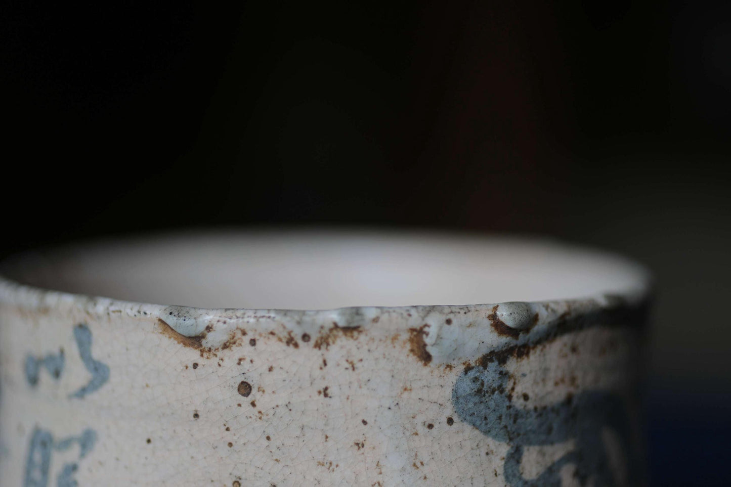 Shino Tea Bowl - Handmade Japanese Ceramic Chawan with Zen Master Daruma Art
