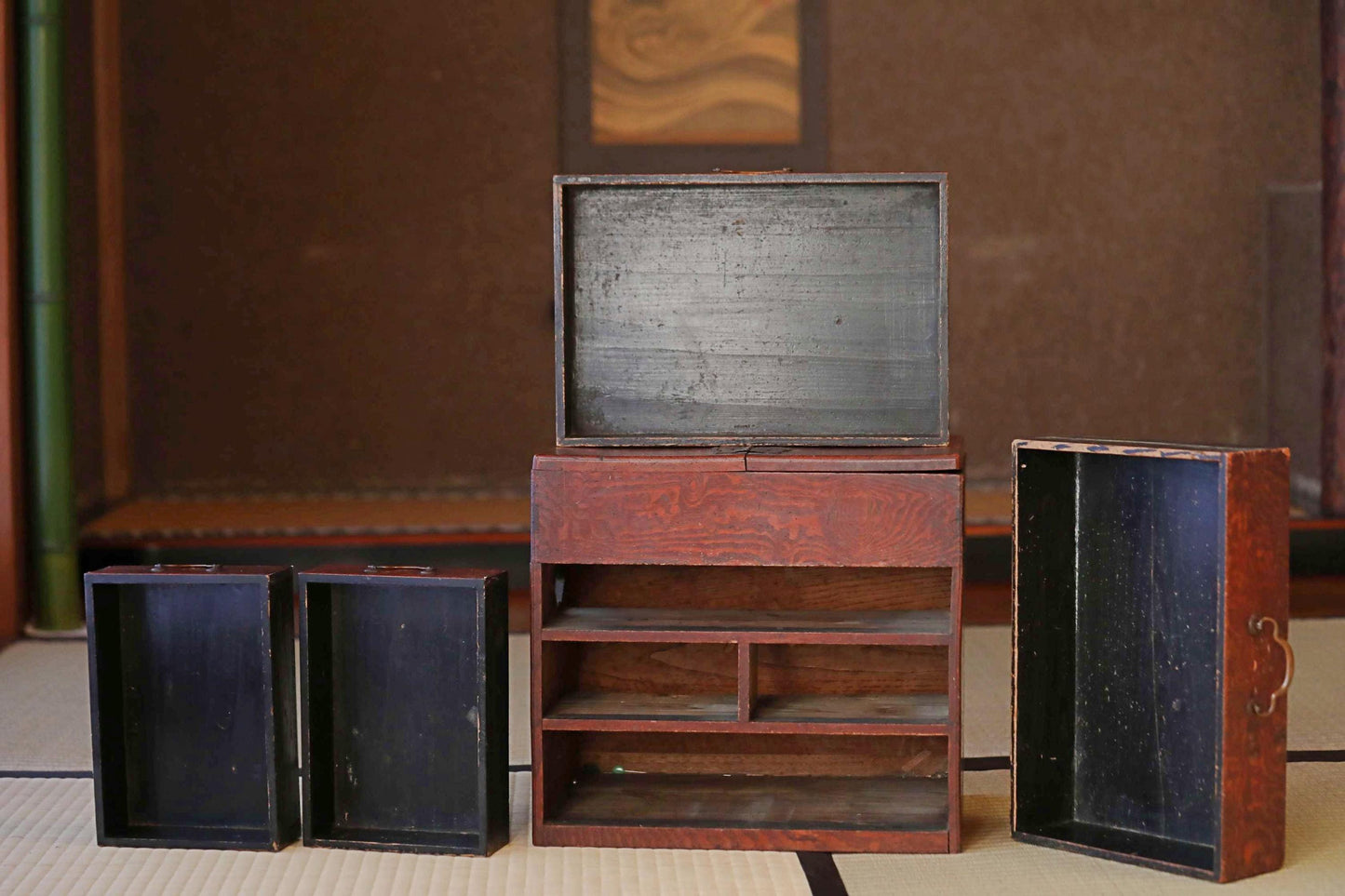 Japanese Tansu Chest – Antique Lacquered Wood Chest With Butterfly Clasp, Small Drawers
