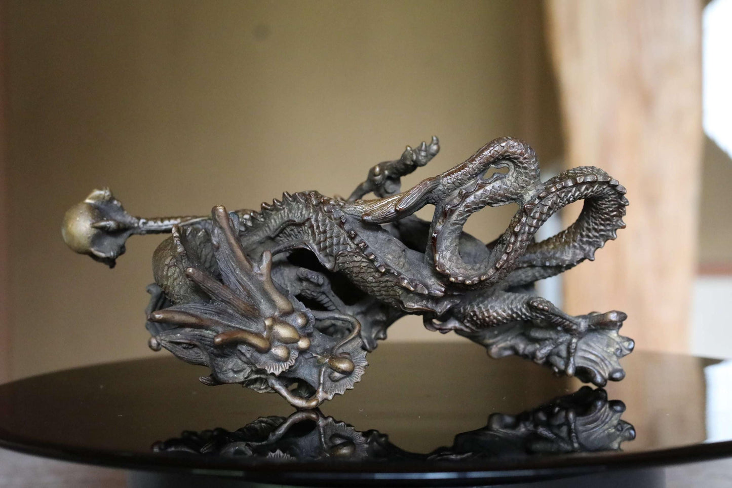 Japanese Dragon Statue - Bronze Dragon Figurine With Crystal Ball, Feng Shui Decor