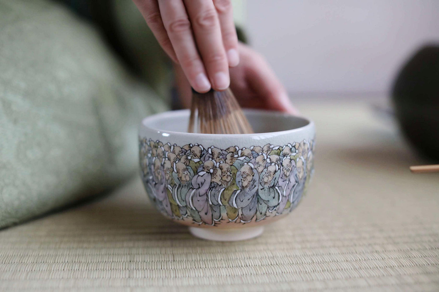 Japanese Vintage Chawan | Fine Art Pottery Matcha Bowl - Longevity Zen Gift with Jurōjin Motif