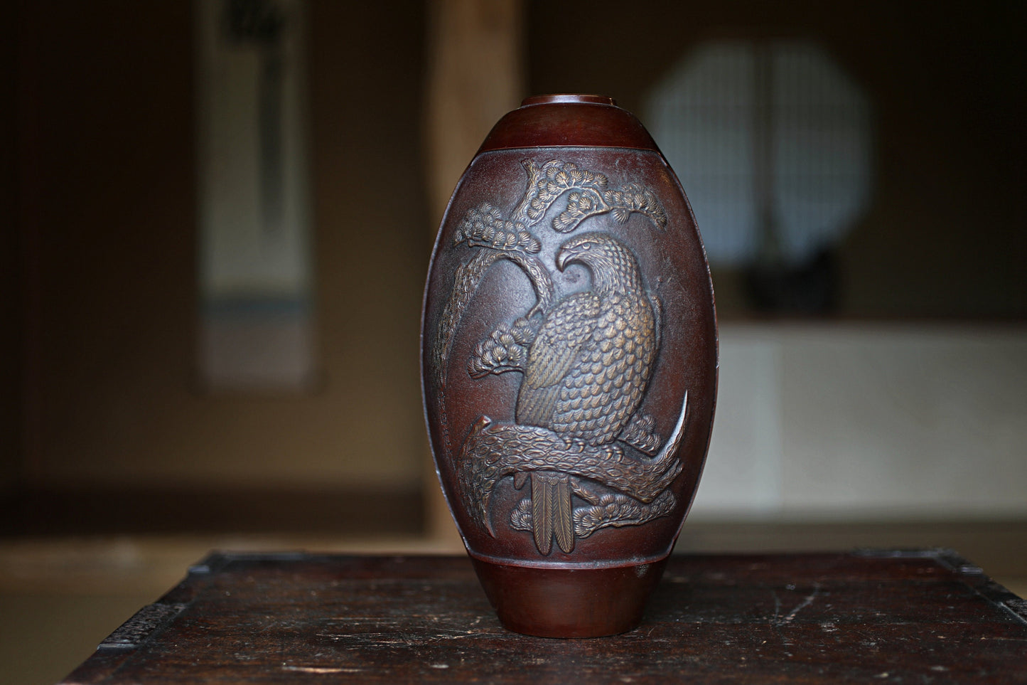 Vintage Bronze Vase - Japanese Bronze Art with Eagle & Pine Tree Relief, Takaoka Lost Wax