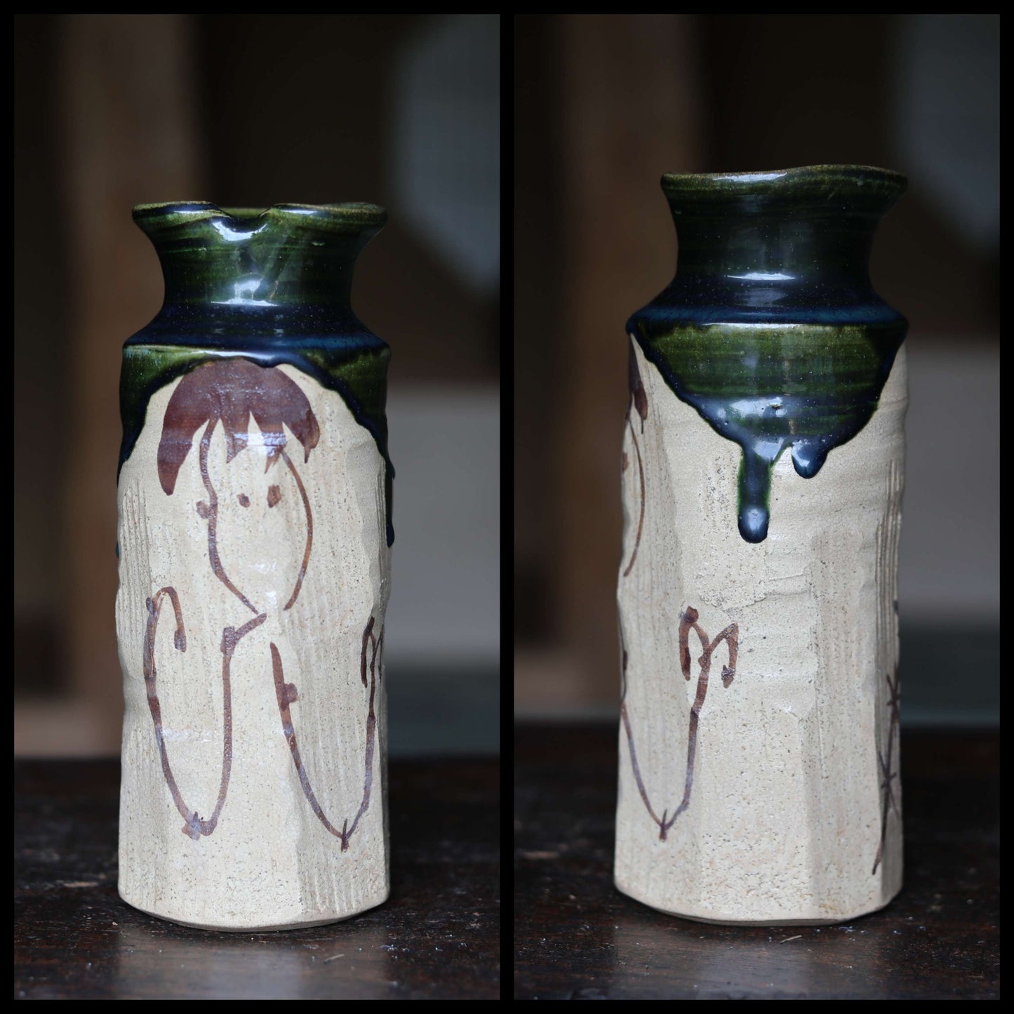 Oribe Ware Vase - Handmade Japanese Vintage Ceramic Vase | Green Glaze Ikebana Flower Stoneware