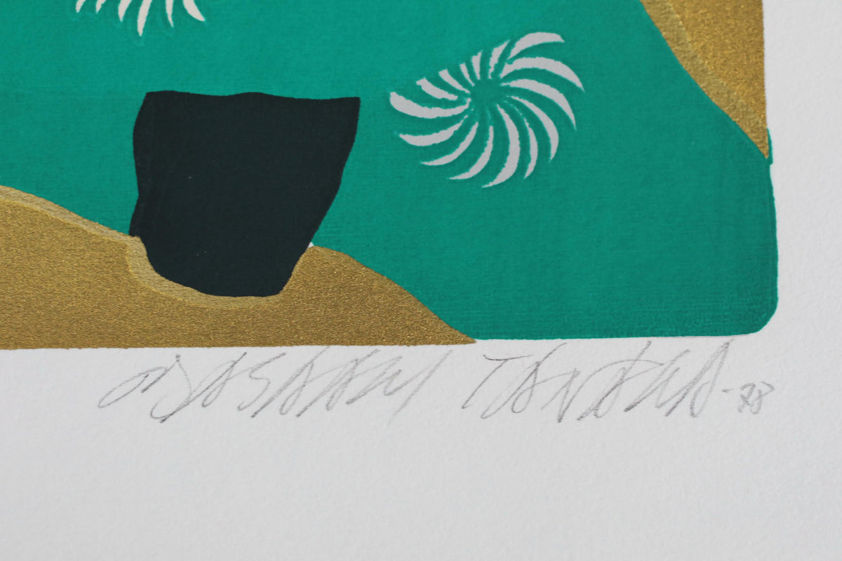 The image is a close-up of an abstract artwork with a green background and a black object.
