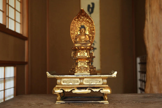 Japanese Gold Lacquer Pedestal - Vintage Buddhist Temple Table | Antique Wood Stand