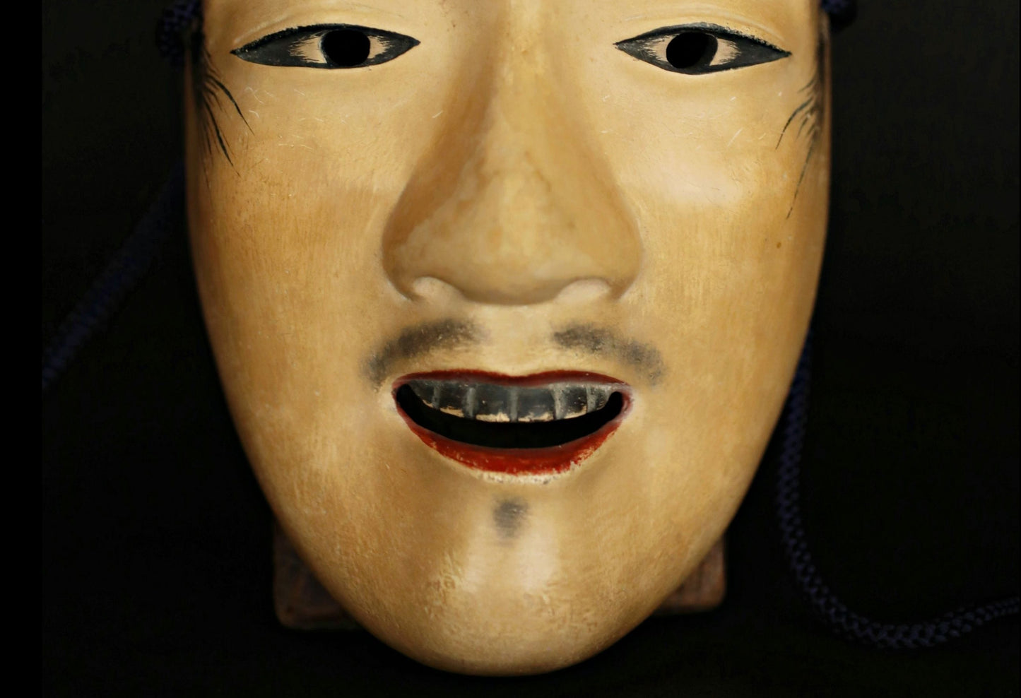 Antique Japanese Noh Mask: Chujo Samurai, Wood Carving with Silk Bag