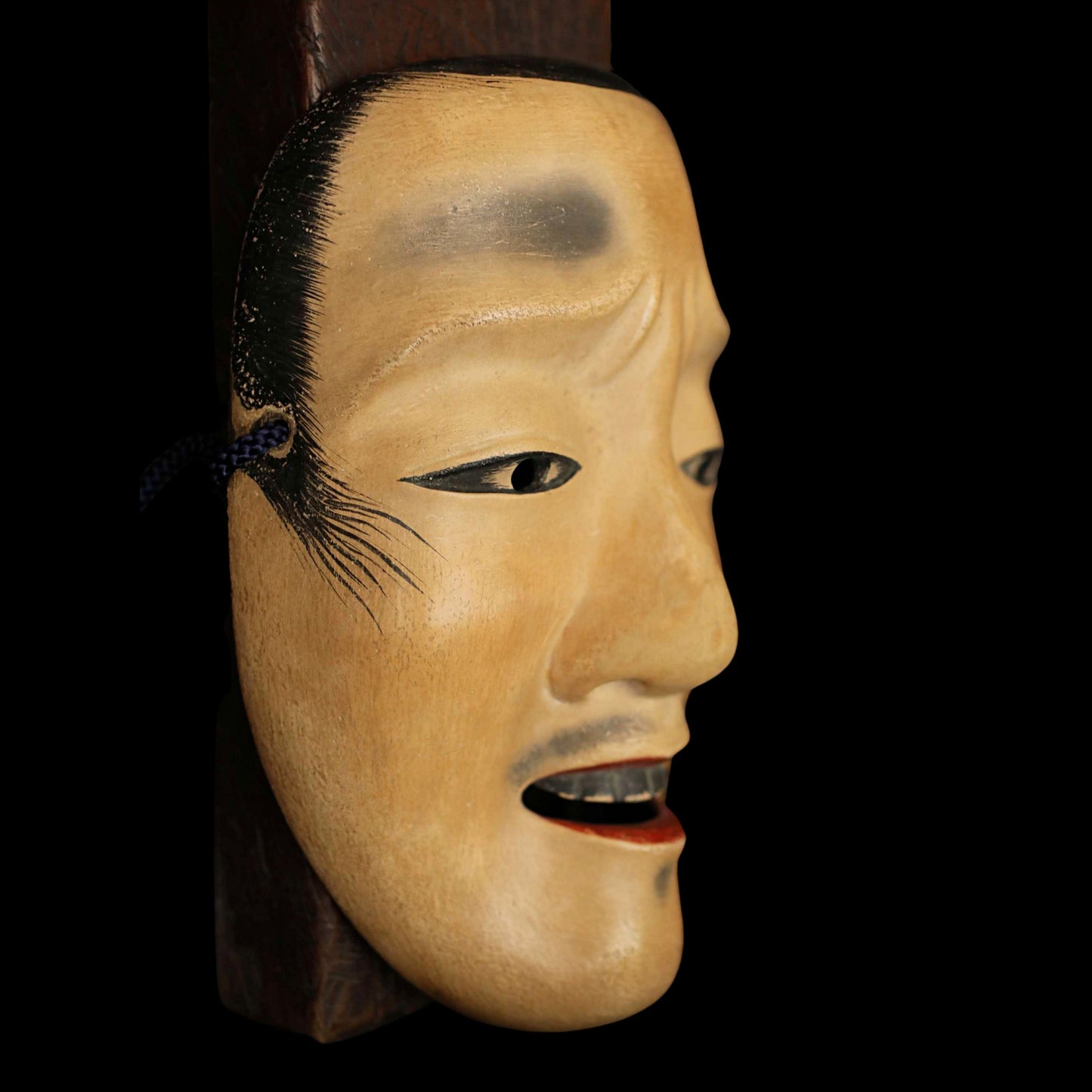 Antique Japanese Noh Mask: Chujo Samurai, Wood Carving with Silk Bag