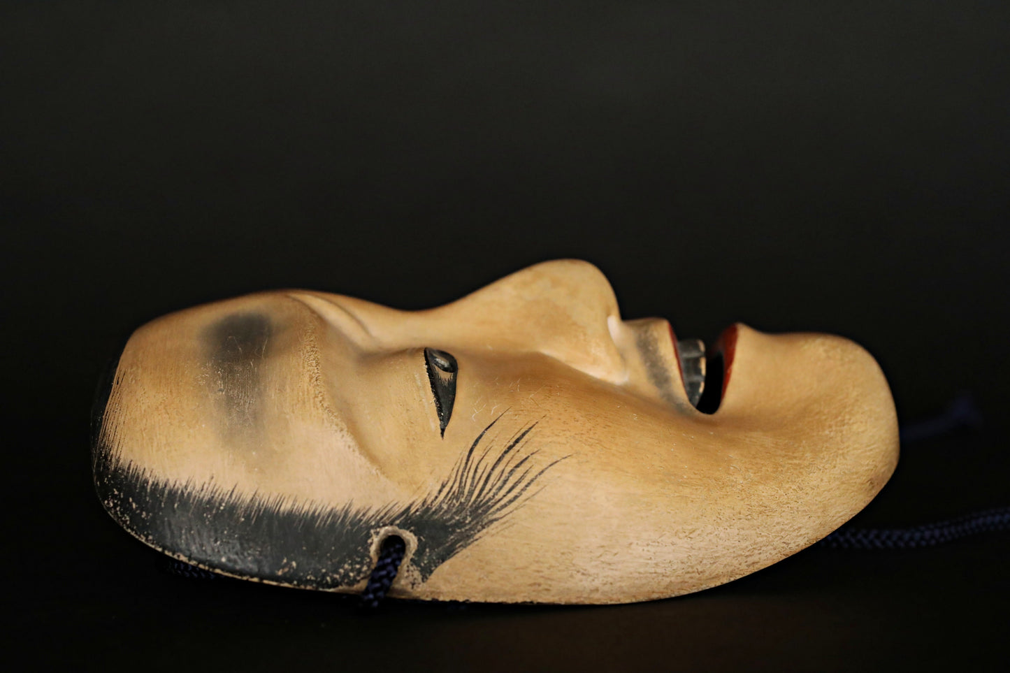 Antique Japanese Noh Mask: Chujo Samurai, Wood Carving with Silk Bag