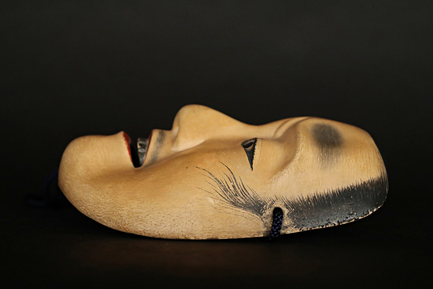 Antique Japanese Noh Mask: Chujo Samurai, Wood Carving with Silk Bag