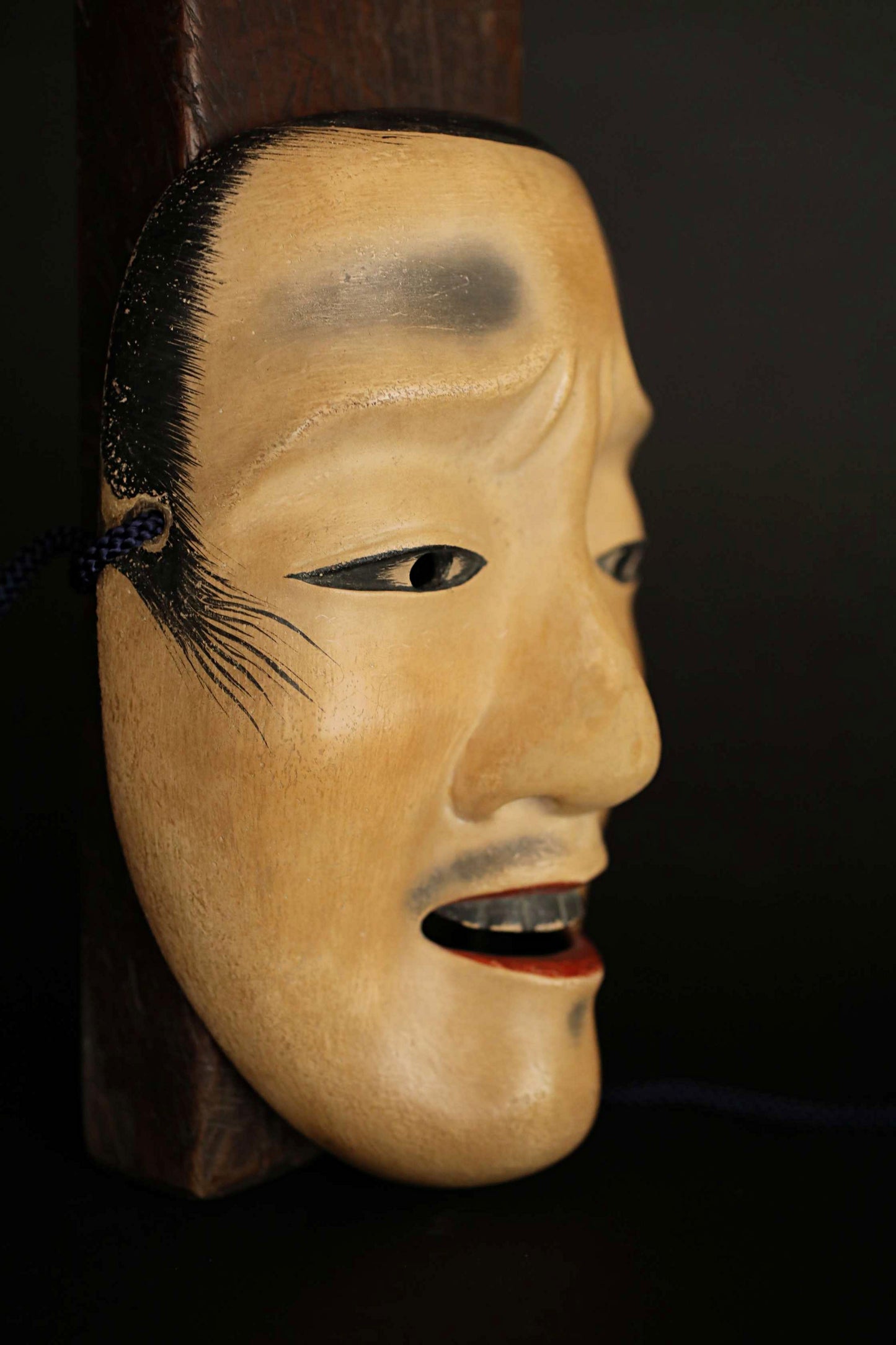 Antique Japanese Noh Mask: Chujo Samurai, Wood Carving with Silk Bag