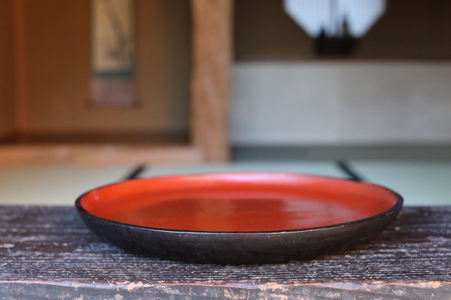 Japanese Lacquer Tray - Antique Negoro Style Obon Round Tea Tray with Vermilion Patina
