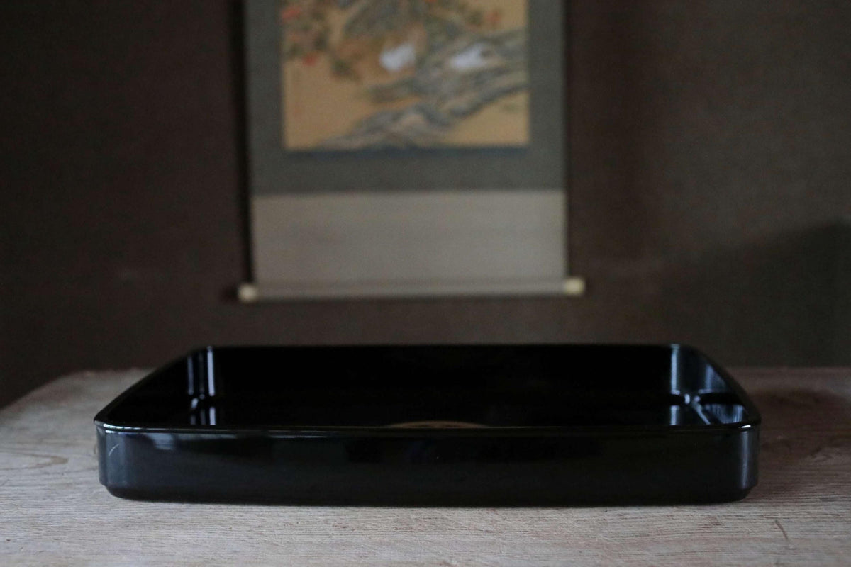 A black rectangular tray sits on a wooden surface, with a blurred background featuring a painting or artwork.