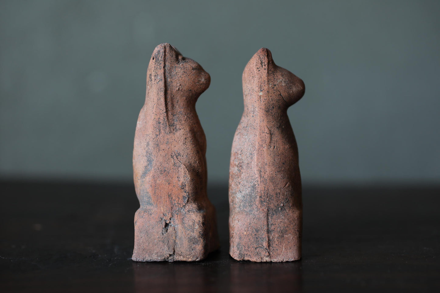 Japanese Antiques KITSUNE Dolls, Imado-yaki Pottery Pair (H3.7in)