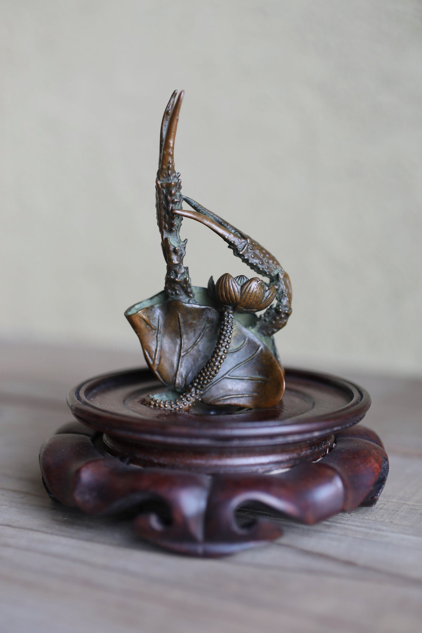Japanese vintage bronze incense stand holder with Crab's Paw and Lotus/ stand H4.3in/H11cm