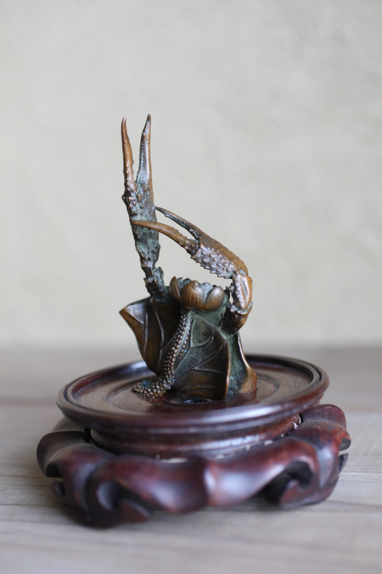 Japanese vintage bronze incense stand holder with Crab's Paw and Lotus/ stand H4.3in/H11cm