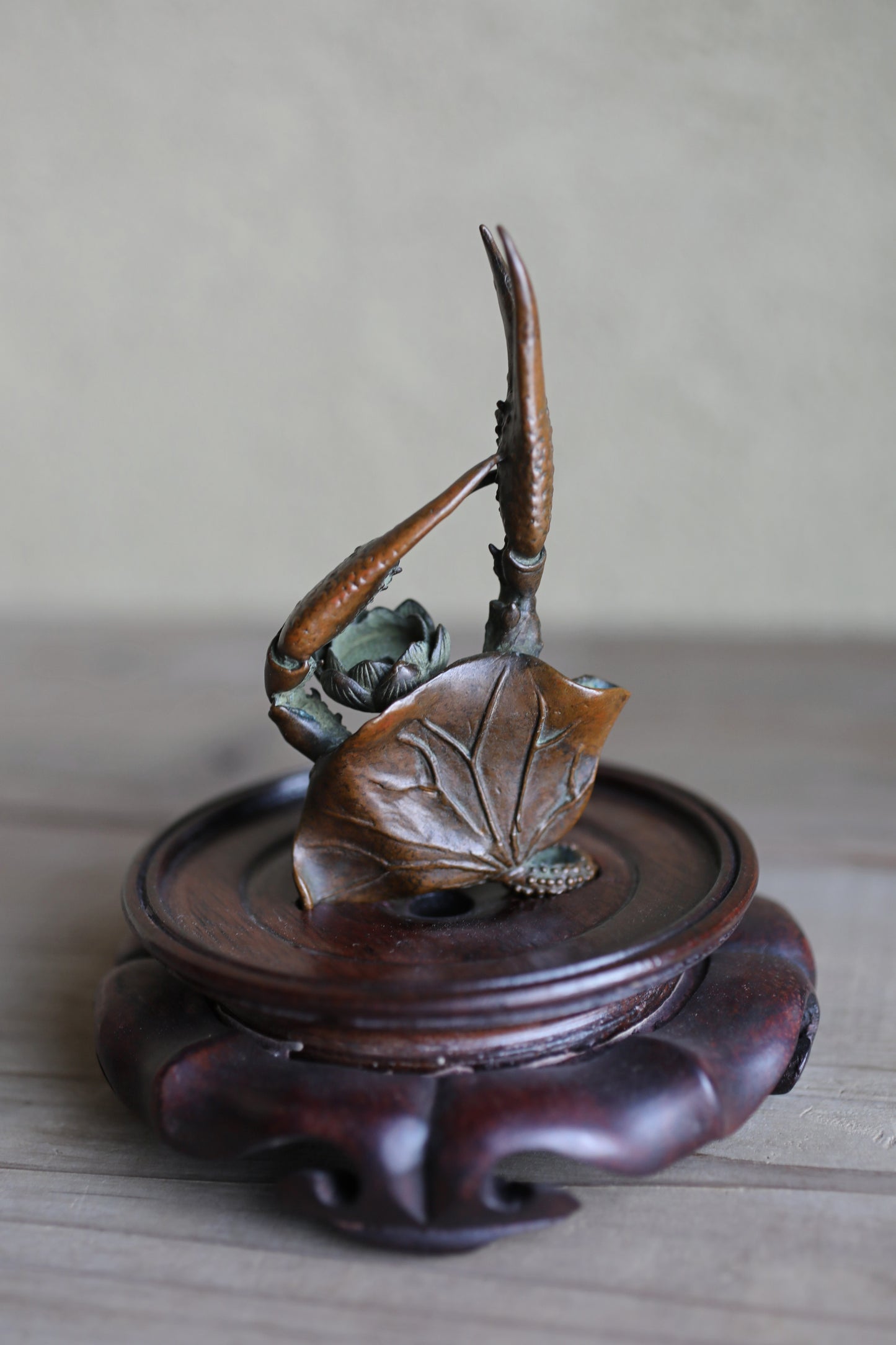Japanese vintage bronze incense stand holder with Crab's Paw and Lotus/ stand H4.3in/H11cm