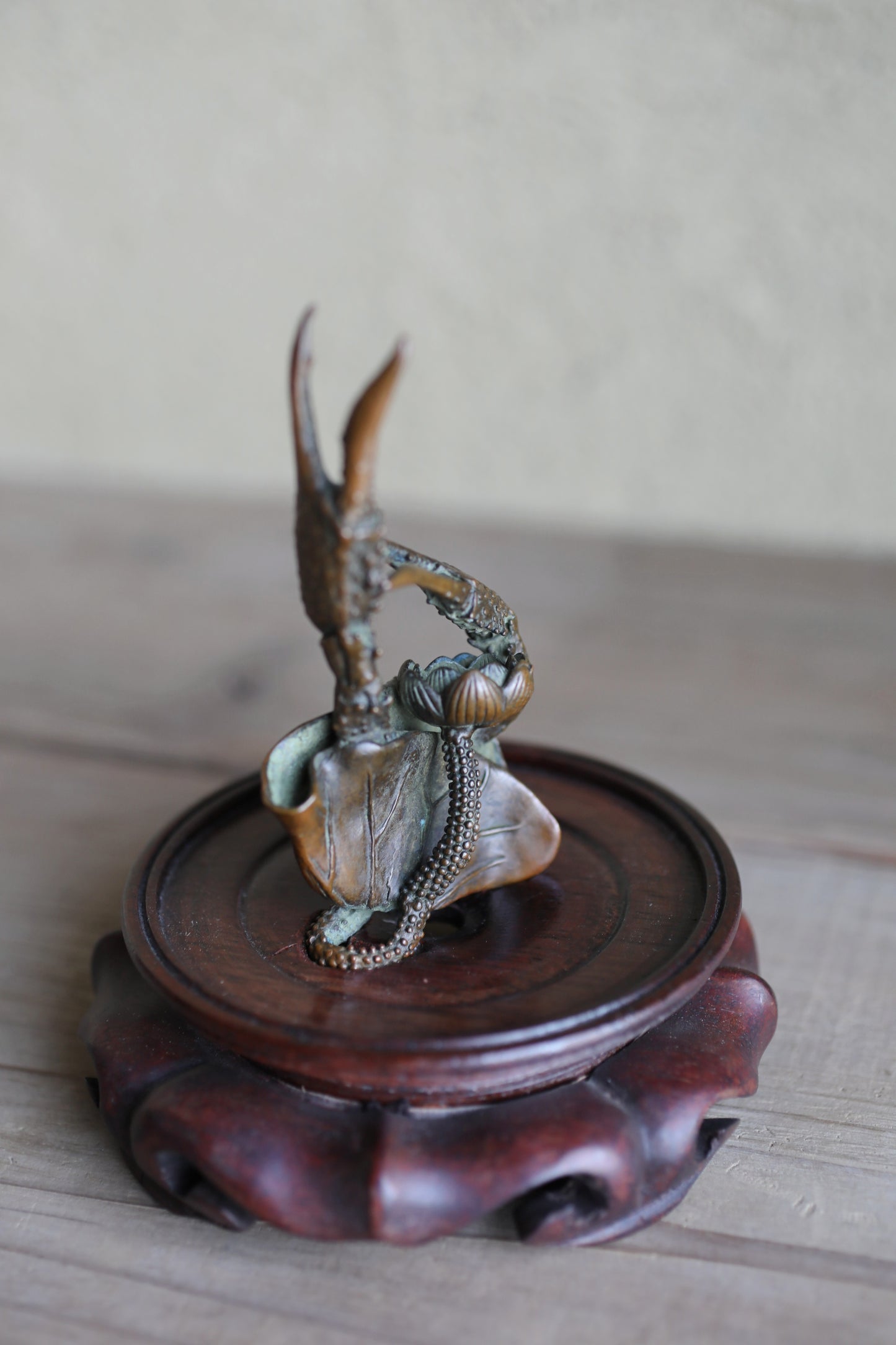 Japanese vintage bronze incense stand holder with Crab's Paw and Lotus/ stand H4.3in/H11cm