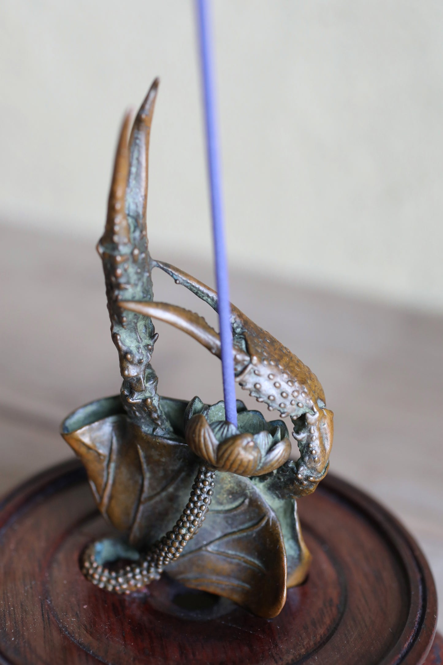 Japanese vintage bronze incense stand holder with Crab's Paw and Lotus/ stand H4.3in/H11cm