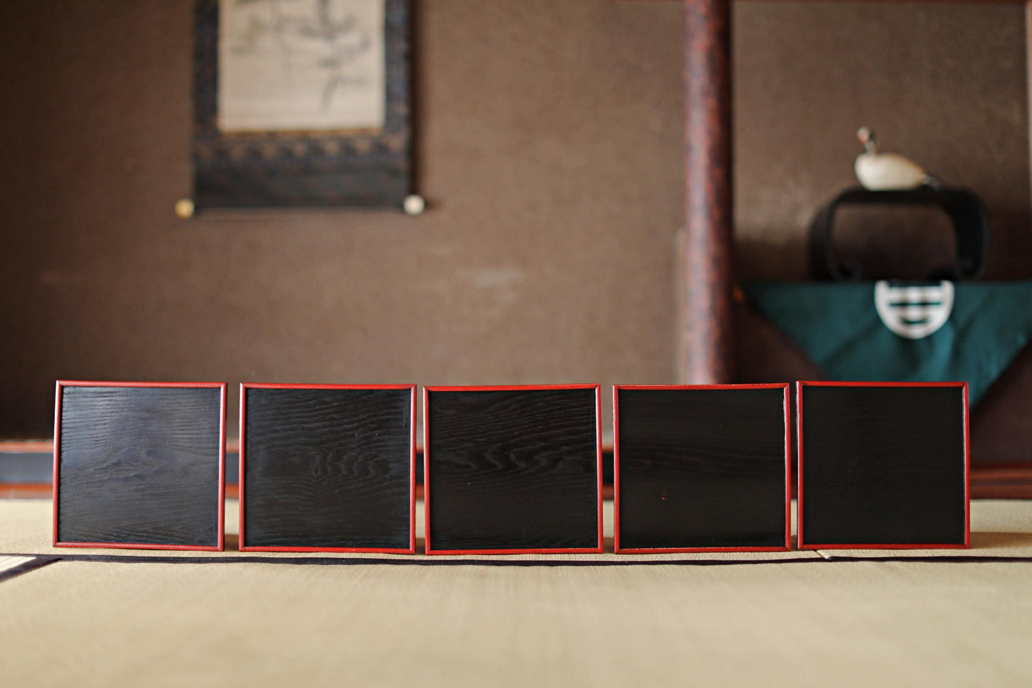Japanese Lacquer Trays - Set of 5 Antique Wooden Trays with Black Obon Box