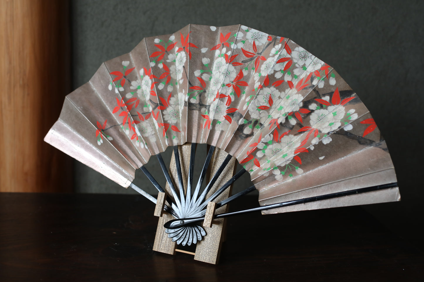 Japanese Folding Fan, Hand-Painted Cherry Blossoms and flowers in Autumn, Maiko Kimono Dance Accessory