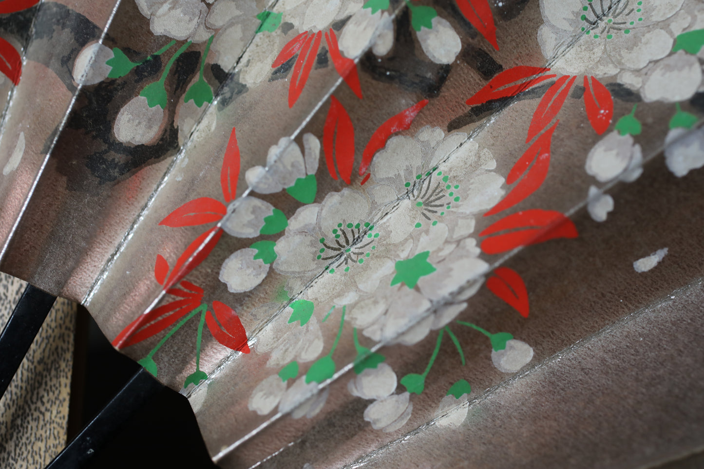 Japanese Folding Fan, Hand-Painted Cherry Blossoms and flowers in Autumn, Maiko Kimono Dance Accessory