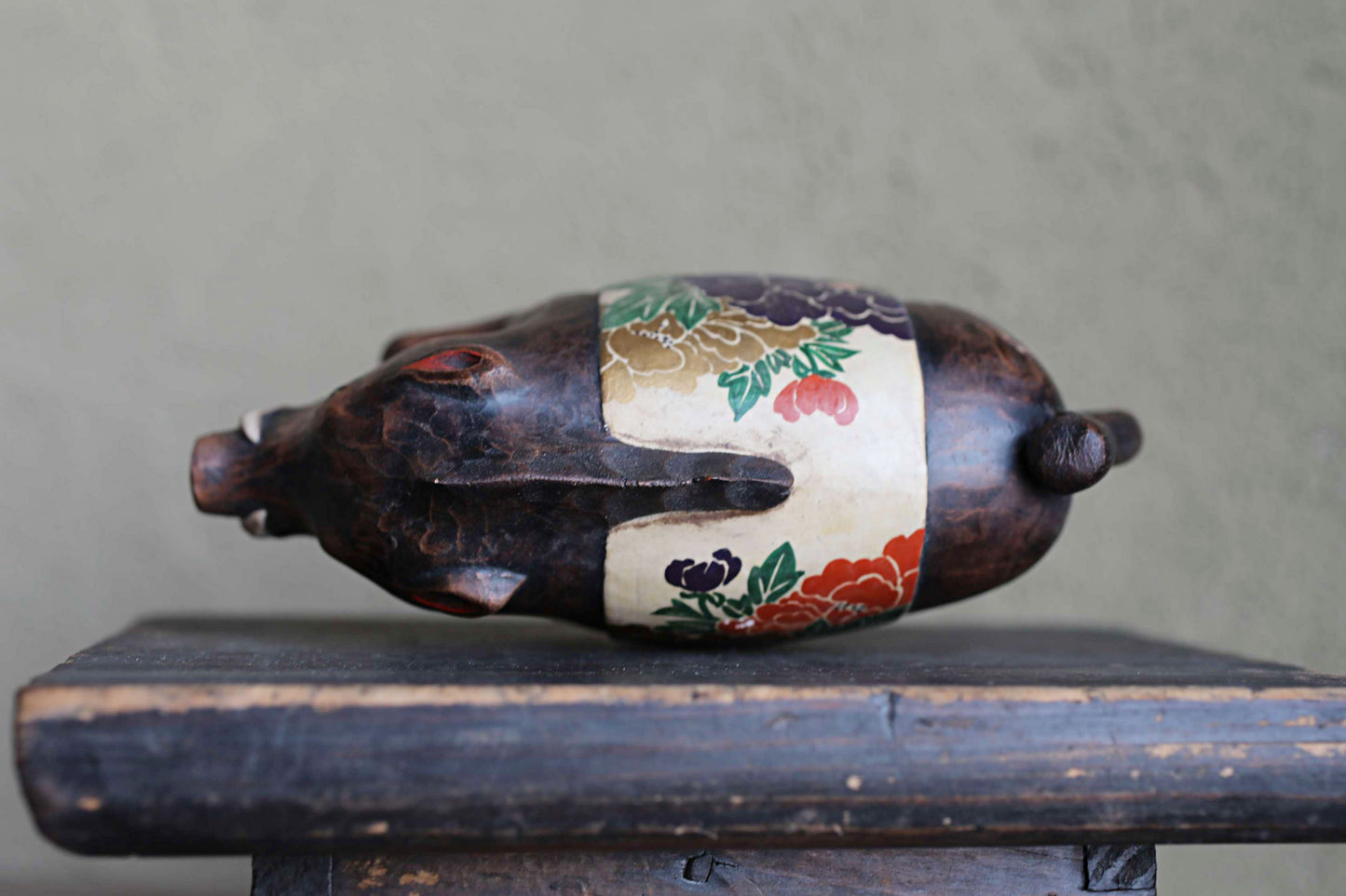 Japanese vintage boar doll made of pottery hand made animal ornament Kanji Signature, Chinese zodiac H3.9×6.1in/10×15.5cm