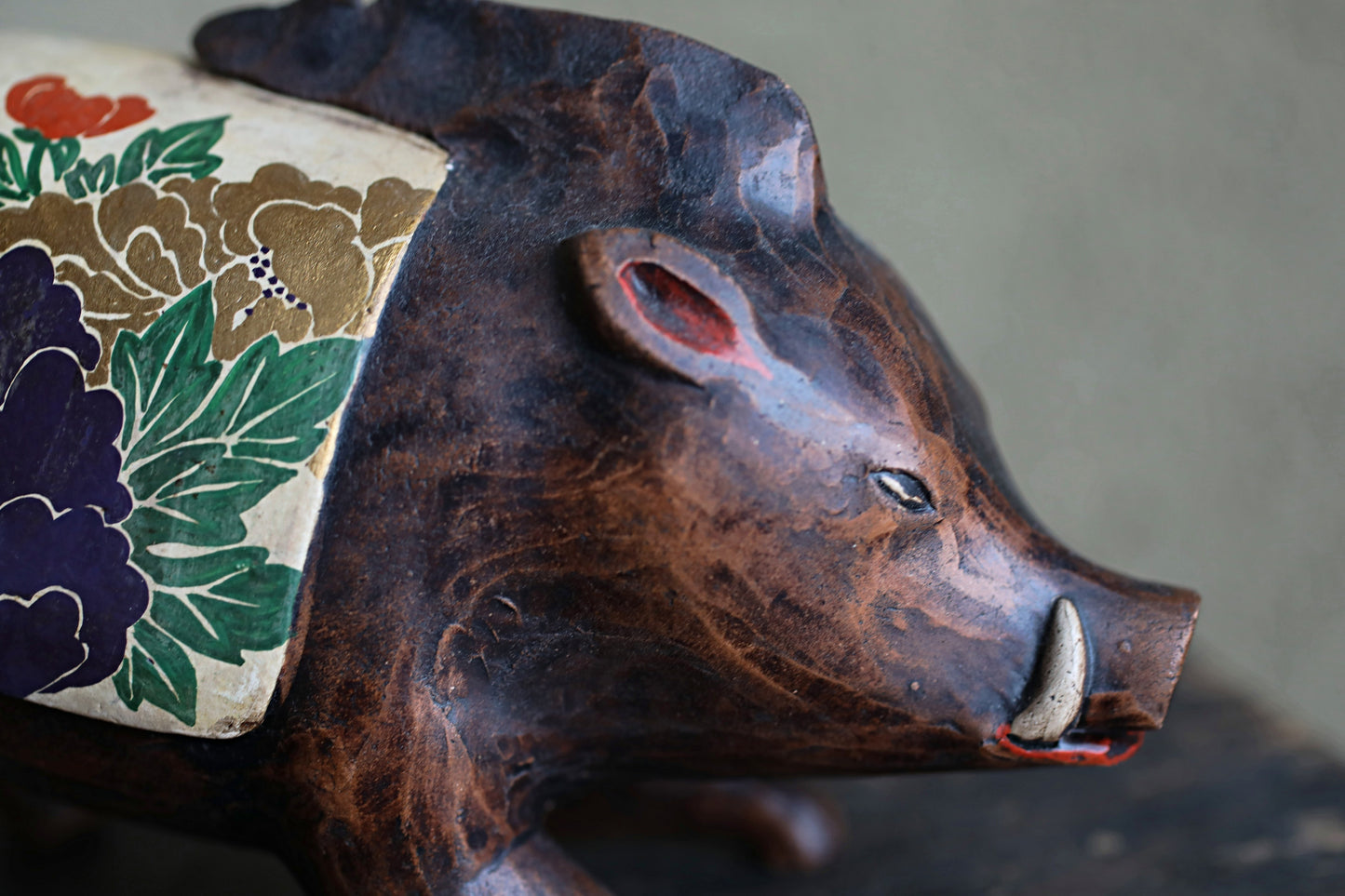 Japanese vintage boar doll made of pottery hand made animal ornament Kanji Signature, Chinese zodiac H3.9×6.1in/10×15.5cm