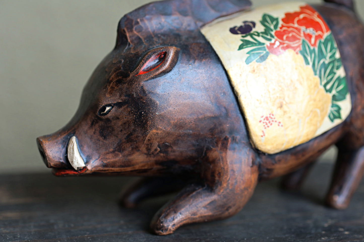 Japanese vintage boar doll made of pottery hand made animal ornament Kanji Signature, Chinese zodiac H3.9×6.1in/10×15.5cm