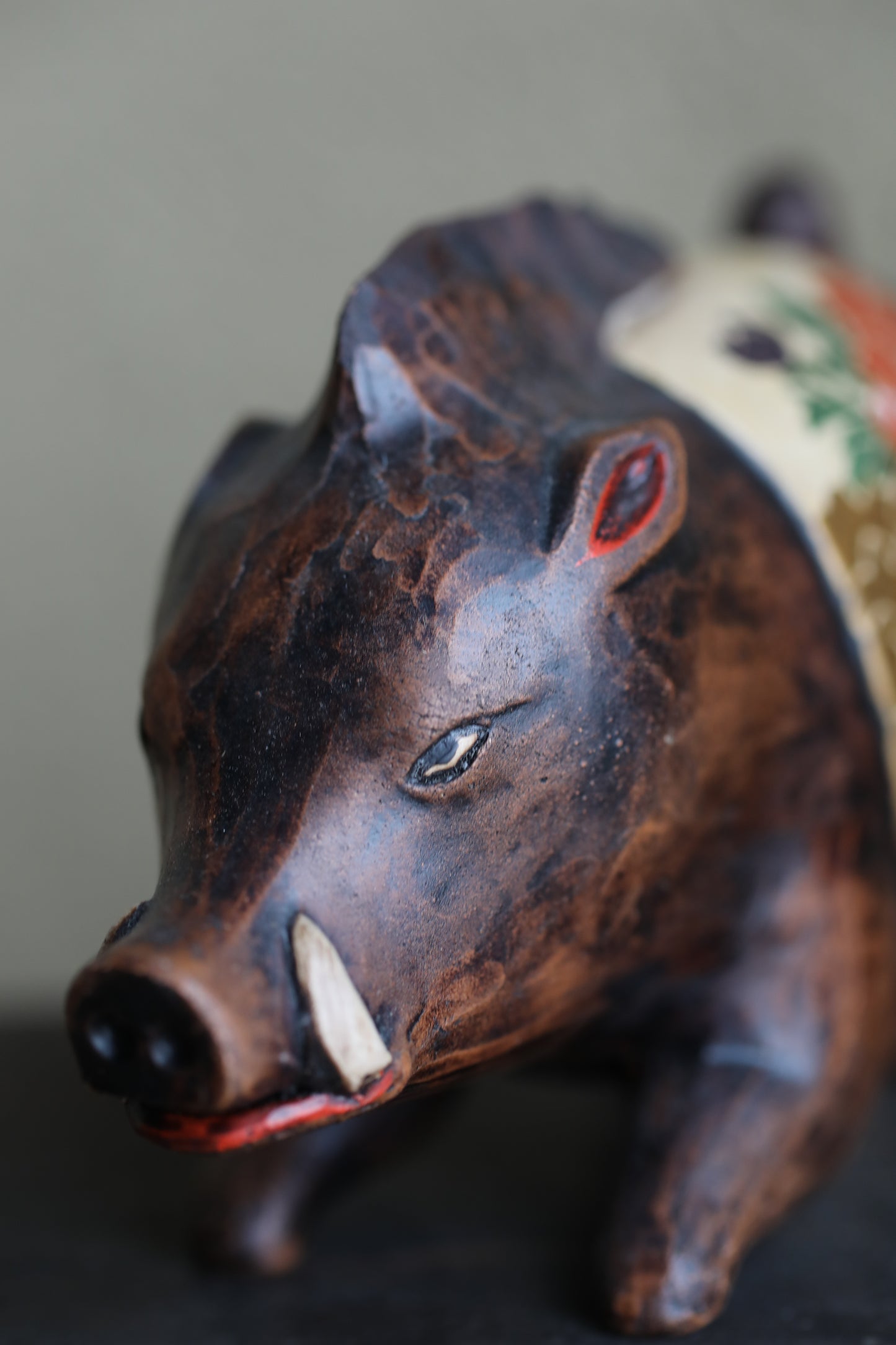 Japanese vintage boar doll made of pottery hand made animal ornament Kanji Signature, Chinese zodiac H3.9×6.1in/10×15.5cm