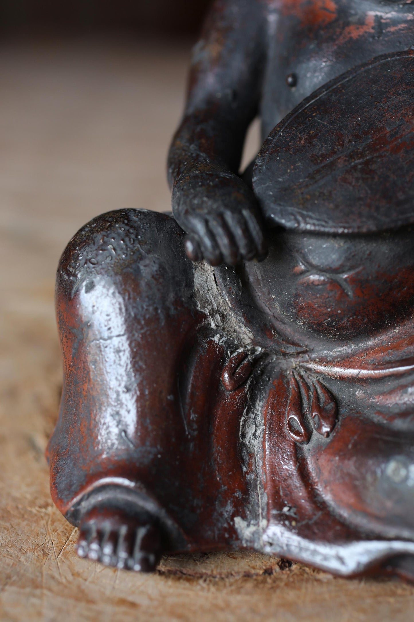 Antique Hotei Figurine – Edo Period Japanese Pottery Coin Box With Wooden Gift Box
