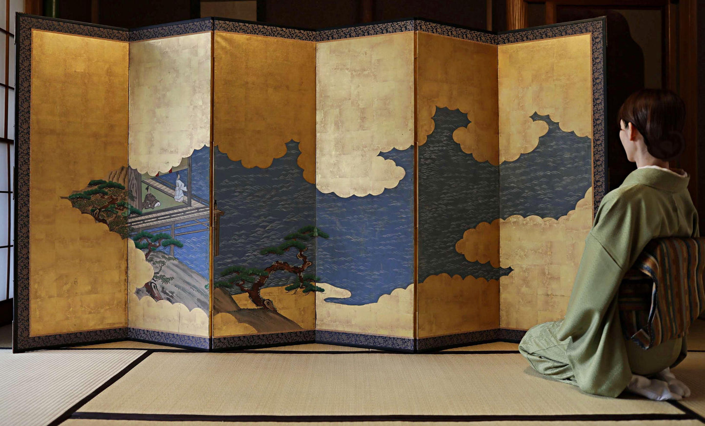 Japanese Antique Byobu Screen - Hand Painted Gold Leaf Folding Screen Artwork