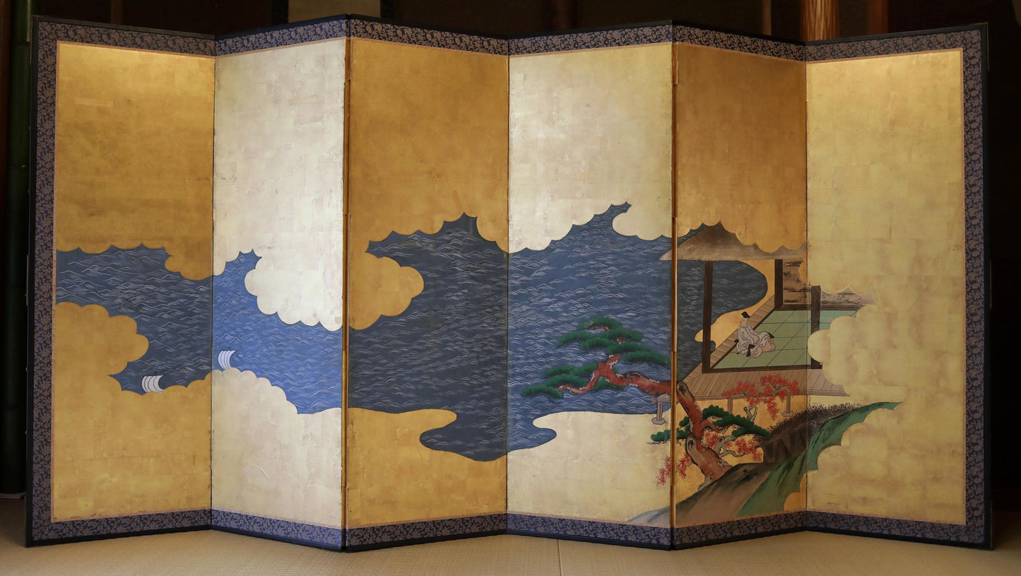 Antique Japanese Byobu - 1700s Tale of Genji Folding Screen Art with Gold Leaf