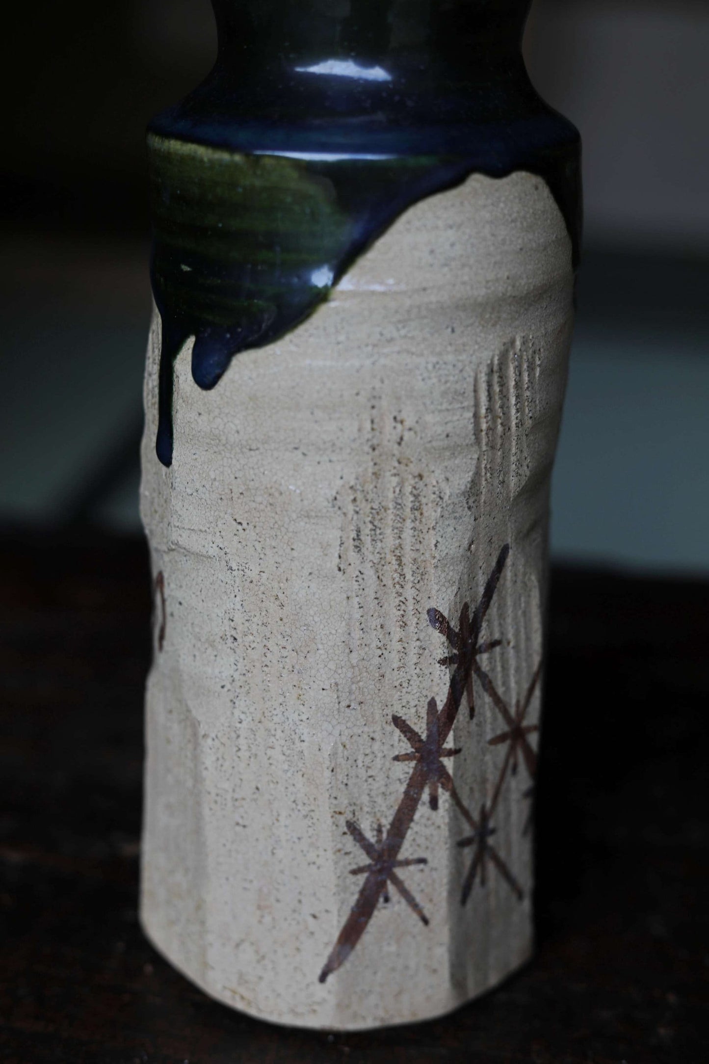 Oribe Ware Vase - Handmade Japanese Vintage Ceramic Vase | Green Glaze Ikebana Flower Stoneware