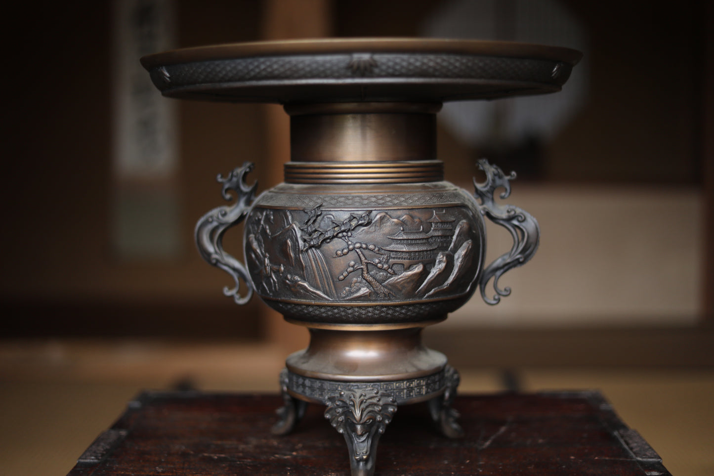 Japanese vintage bronze SUIBAN flower vase USUBATA H13in/H33cm/ Japanese antique 1800s soot-stained pottery dolls of two gods, Ebisu and Daikoku, the Seven Lucky Gods,  Edo handmade craft H6.5in/16.5cm