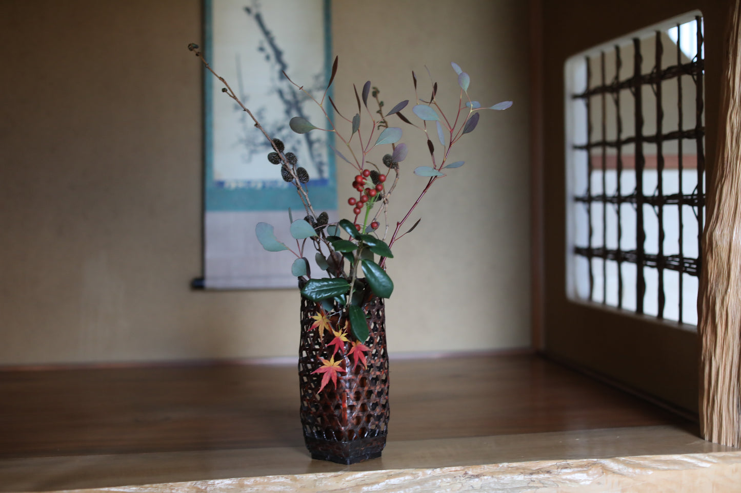 Japanese vintage hexagonal weave bamboo basket For IKEBANA, Tea ceremony H13.2x4.7in/33.5×12cm