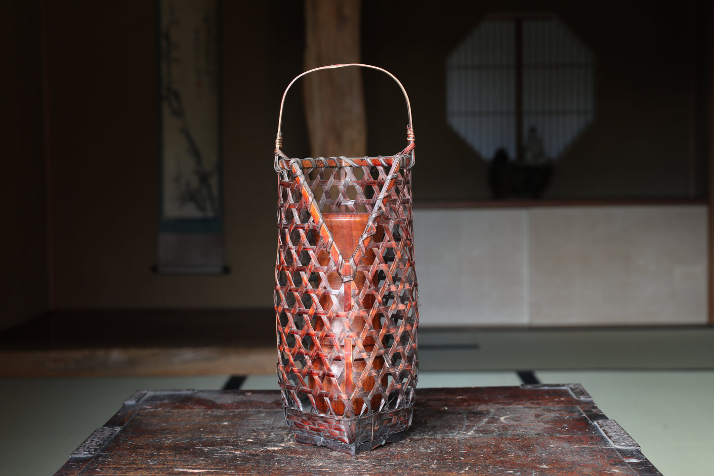 Japanese vintage hexagonal weave bamboo basket For IKEBANA, Tea ceremony H13.2x4.7in/33.5×12cm